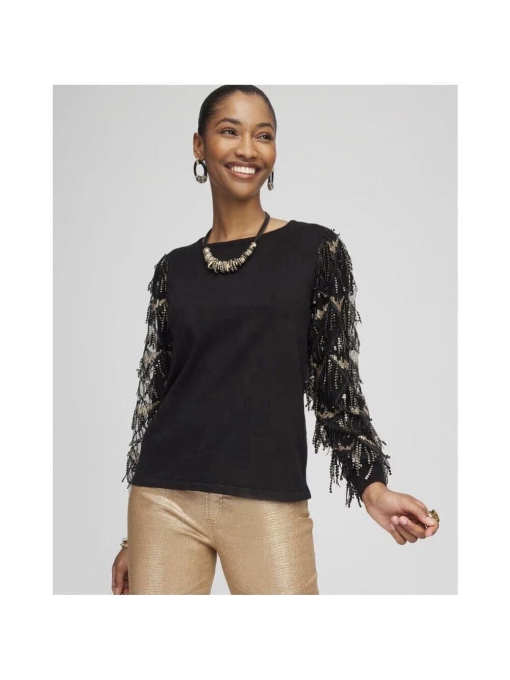 Chico's Sequin Ruffle Pullover Sweater XXL Black & Gold Sequin Fringe Party Chic
